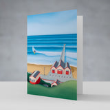 Ticket to Ride greeting card by Matt Whaley – Saltburn Pier and Cliff Lift surf art card