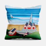 Ticket to Ride cushion by Matt Whaley – Saltburn Pier and Cliff Lift surf art cushion