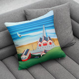 Ticket to Ride cushion by Matt Whaley – Saltburn Pier and Cliff Lift surf art cushion