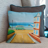 Coral ‘Reef’ Street cushion by Matt Whaley – Saltburn surf art cushion