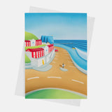 Park and Ride greeting card – Saltburn beach huts, pier and surf art by Matt Whaley