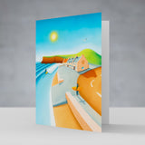 Down By The Ship greeting card – Saltburn beach, The Ship Inn, and surf art by Matt Whaley