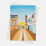 Drinking in the Morning Sun greeting card – Saltburn surf art by Matt Whaley