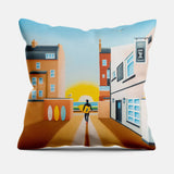 Drinking in the Morning Sun cushion – Saltburn, The Back Alex and surf art by Matt Whaley