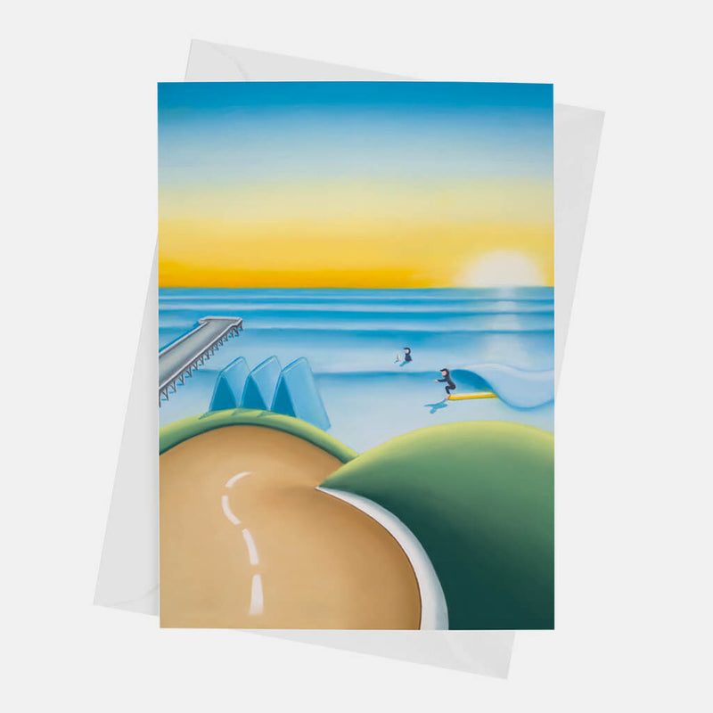 The Slope of Hope greeting card – Saltburn surf art by Matt Whaley