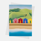 The Secret Path greeting card – Saltburn beach huts and surf art by Matt Whaley