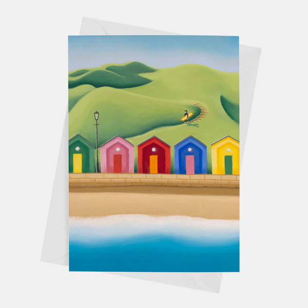The Secret Path greeting card – Saltburn beach huts and surf art by Matt Whaley