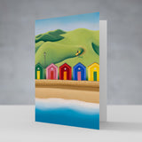 The Secret Path greeting card – Saltburn beach huts and surf art by Matt Whaley