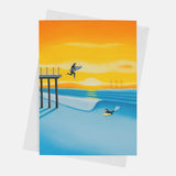Sea you later greeting card by Matt Whaley – Saltburn Pier surf art card