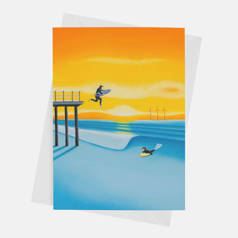 Sea you later greeting card by Matt Whaley – Saltburn Pier surf art card