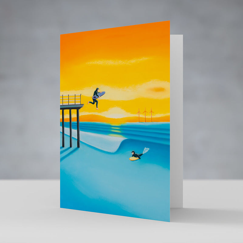 Sea you later greeting card by Matt Whaley – Saltburn Pier surf art card