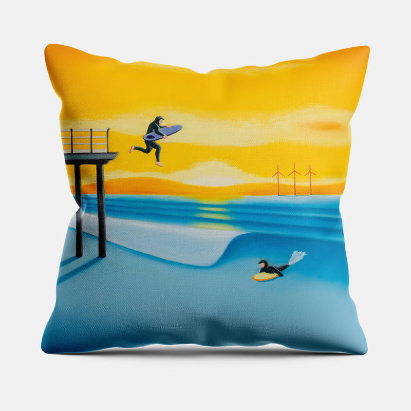 Sea you later cushion by Matt Whaley – Saltburn Pier surf art cushion