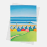Carve Your Own Path greeting card – Saltburn beach huts and surf art card by Matt Whaley