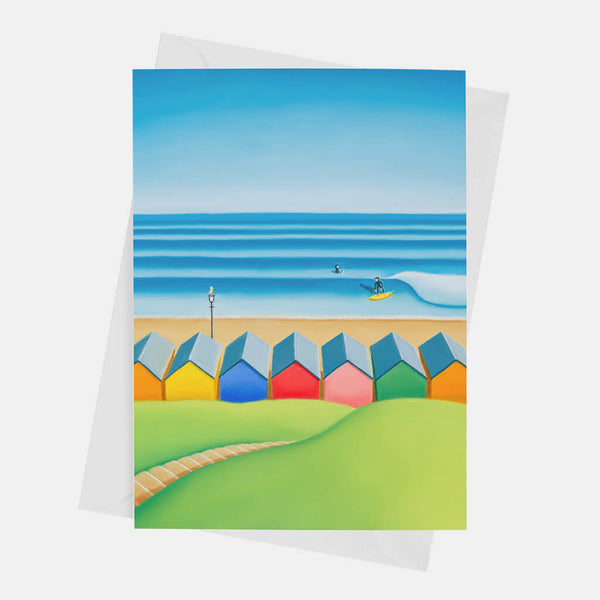 Carve Your Own Path greeting card – Saltburn beach huts and surf art card by Matt Whaley