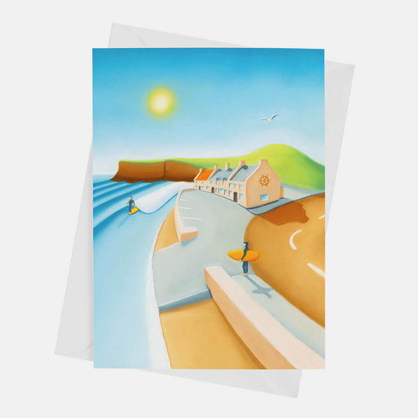 Down By The Ship greeting card – Saltburn beach, The Ship Inn, and surf art by Matt Whaley