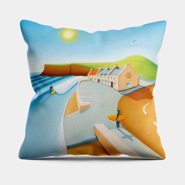 Down By The Ship cushion – Saltburn beach, The Ship Inn, and surf art by Matt Whaley