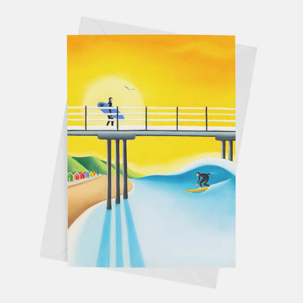 Golden Hour greeting card – Saltburn surf art by Matt Whaley