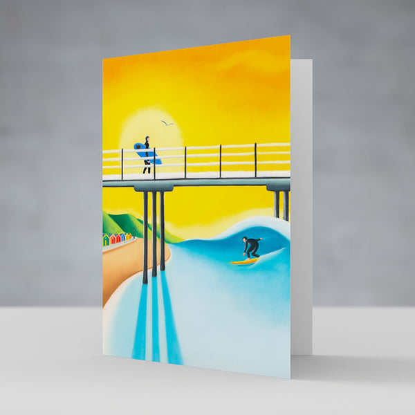 Golden Hour greeting card – Saltburn surf art by Matt Whaley