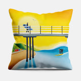 Golden Hour cushion – Saltburn beach huts, pier and surf art by Matt Whaley