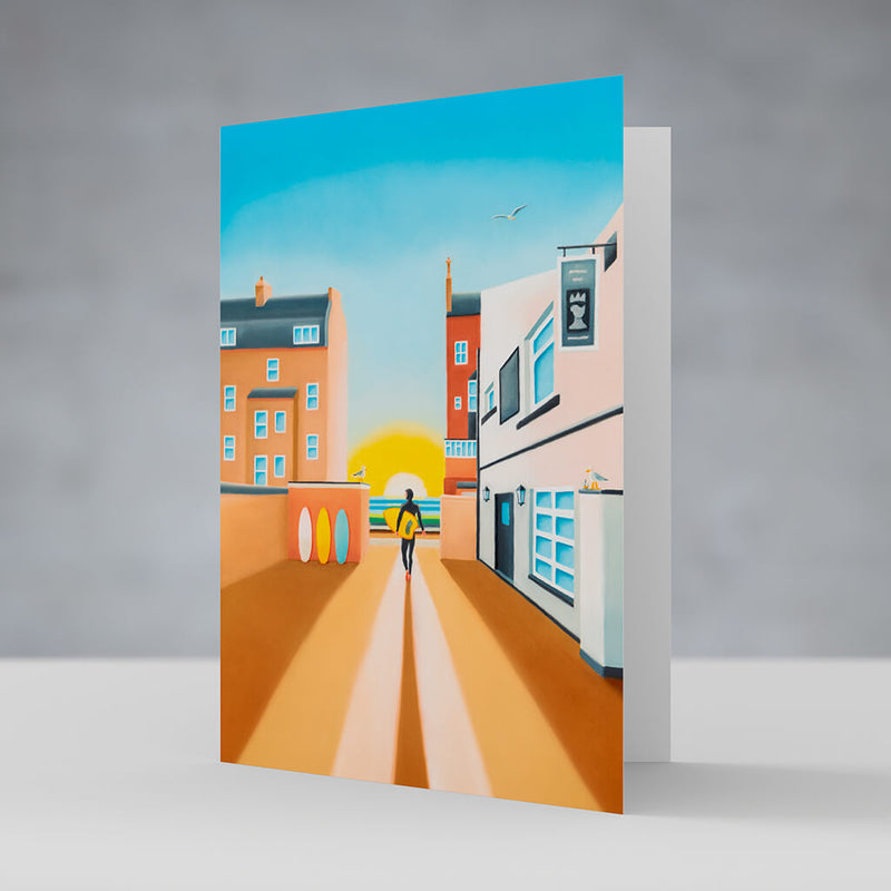 Drinking in the Morning Sun greeting card – Saltburn surf art by Matt Whaley
