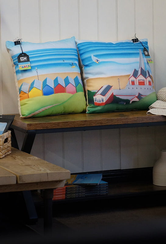 Saltburn coastal and surf pastel cushions by Matt Whaley