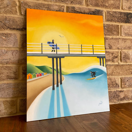 Matt Whaley Surf Art - Golden Hour - Saltburn Beach Huts, Beach and Pier