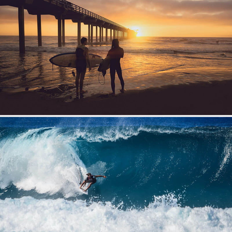 Surfers at San Diego Pier, California and Banzai Pipeline on the North Shore of Oahu, Hawaii