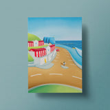Park and Ride postcard – Saltburn beach huts, pier and surf art by Matt Whaley