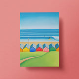 Carve Your Own Path postcard – Saltburn beach huts and surf art card by Matt Whaley